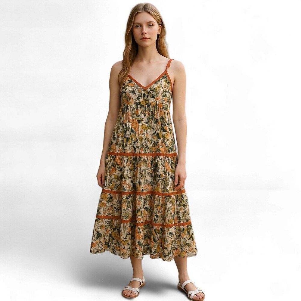 Anthropologie In Loom Multicolor Tiered Sleeveless V-Neck Tie Shoulder Maxi Dres